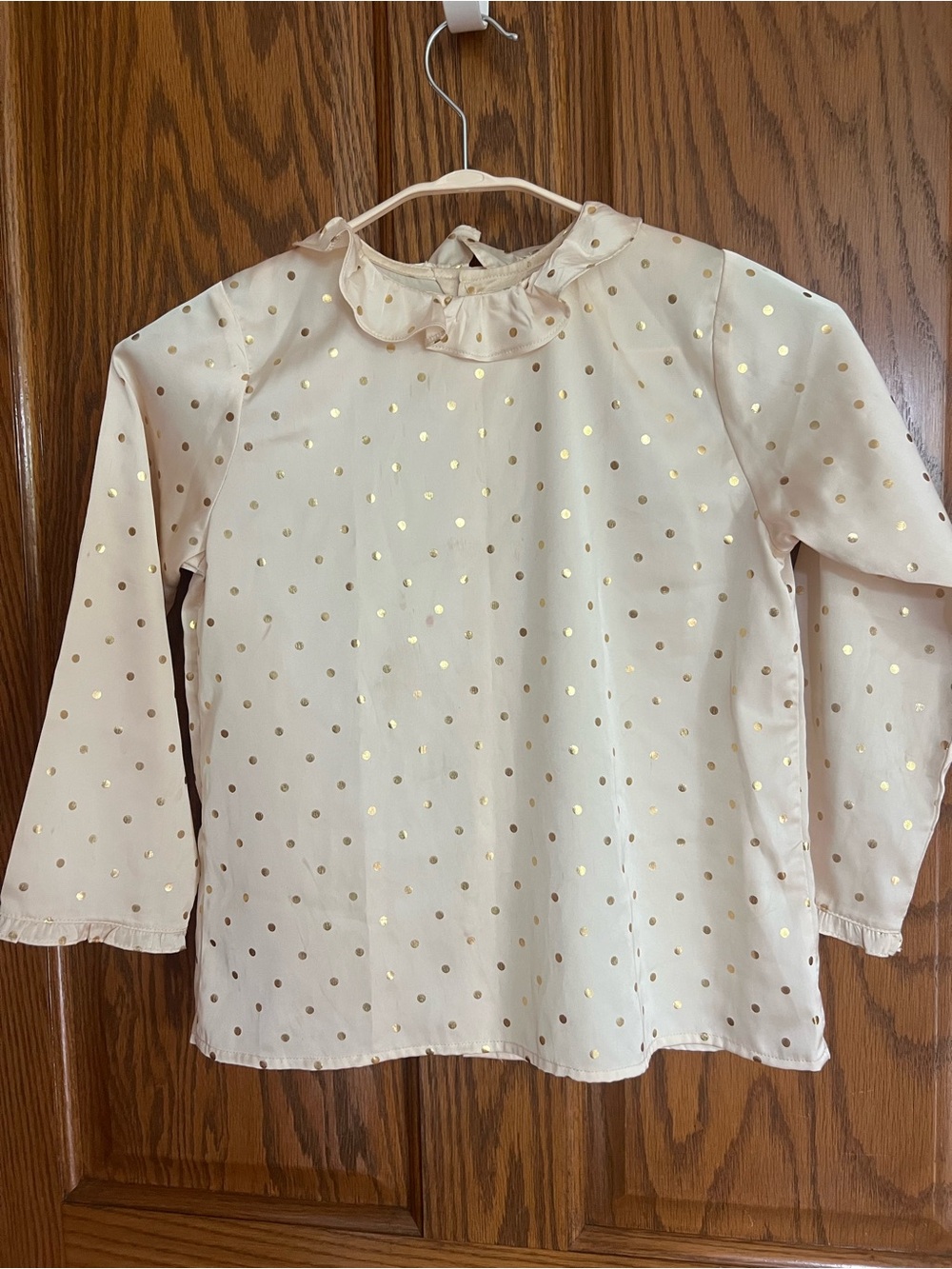 Bonpoint Cream Long-Sleeve Top with Gold Polka Dots and Ruffle Neck